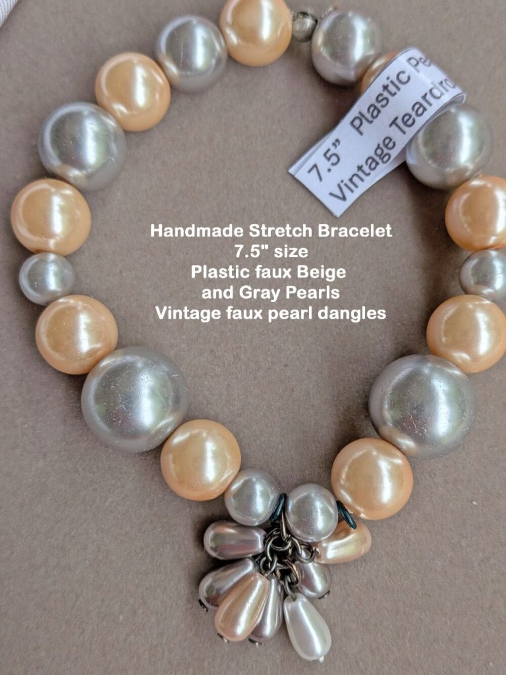 Handmade Stretch 7.5" size Bracelet, Plastic faux Beige & Gray Pearls, Versatile